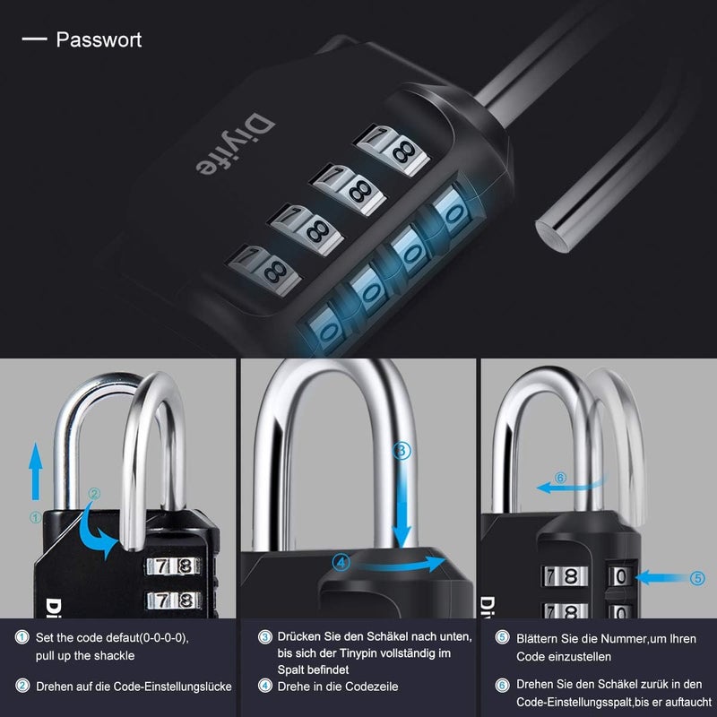 Diyife 3 Pack Combination Padlock, 4 Digit Combination Lock Outdoor Waterproof, Metal and Plated Steel Combination Clasp, for Fence, Locker, School, Gym, Toolbox (Black Blue Red) - Image 5